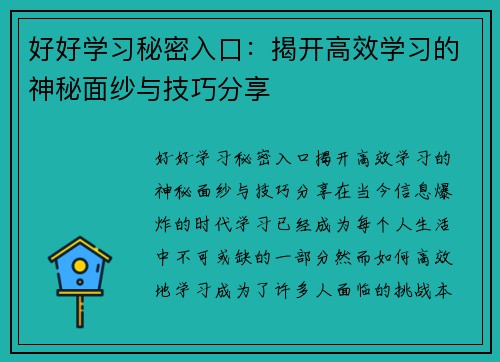 好好学习秘密入口：揭开高效学习的神秘面纱与技巧分享